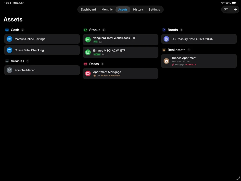 Holdings assets list on iPad