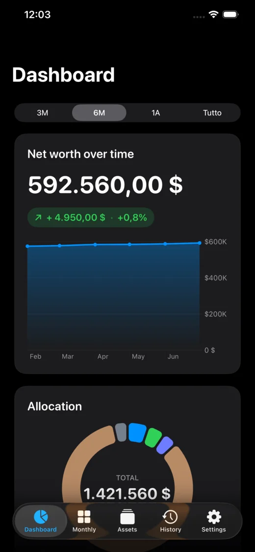 Holdings net-worth tracker on iPhone showing portfolio total