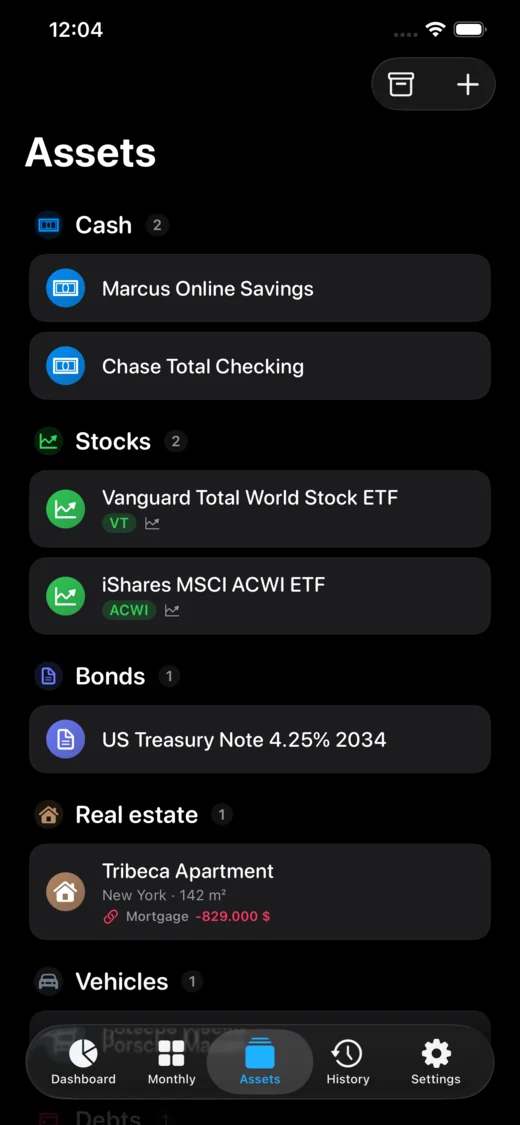 Holdings assets list on iPhone