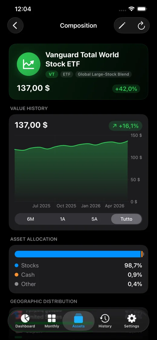 Holdings asset composition on iPhone