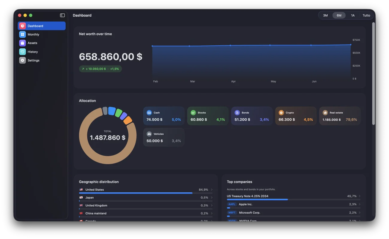 Holdings net-worth dashboard on Mac showing total net worth and asset allocation
